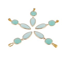 Pandantiv dublu cu montura aurie si cristal natural Agat albastru, 40mm