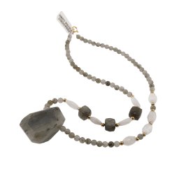 Colier cristale naturale Labradorit si Piatra Lunii 4-12mm, pandantiv Labradorit 30mm si metal auriu
