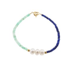Bratara Lapis Lazuli, Crisopraz discuri fatetate si Perle de cultura, elemente inox auriu, 3-6mm