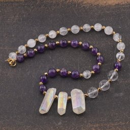 Colier asimetric Cristal de stanca, Ametist, Hematit auriu si Angel aura Cuart cu varf