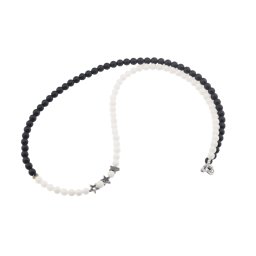 Colier Onix negru mat, Coral alb si stelute din Hematit argintiu, 4-6mm