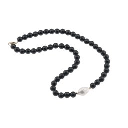 Colier Onix sfere si Perla de cultura freeform cu bumbi aurii, 8-18mm