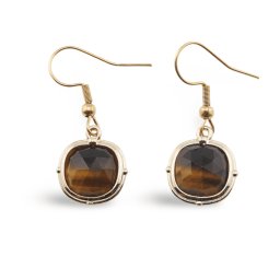 Cercei cu agatatoare Ochi de tigru patrat cu montura aurie, 15mm