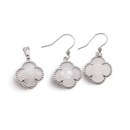 Set Cercei cu agatatoare si Pandantiv Cuart trifoi cu montura argintie, 18mm