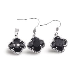 Set Cercei cu agatatoare si Pandantiv Obsidian trifoi cu montura argintie, 18mm