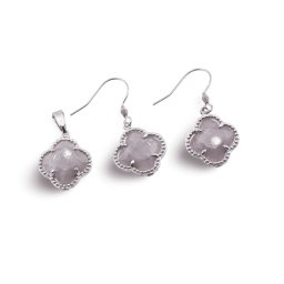 Set Cercei cu agatatoare si Pandantiv Lepidolit trifoi cu montura argintie, 18mm