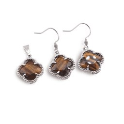 Set Cercei cu agatatoare si Pandantiv Ochi de tigru trifoi cu montura argintie, 18mm