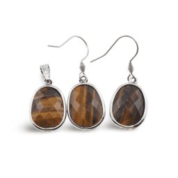 Set Cercei cu agatatoare si Pandantiv Ochi de tigru oval cu montura argintie, 20mm