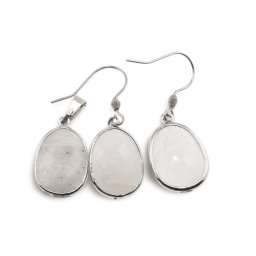 Set Cercei cu agatatoare si Pandantiv Piatra Lunii oval cu montura argintie, 20mm