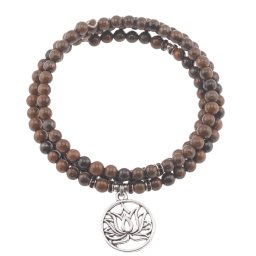 Bratara tripla ajustabila cu cristale naturale Ochi de tigru sfere 4mm cu charm floare de lotus argintiu