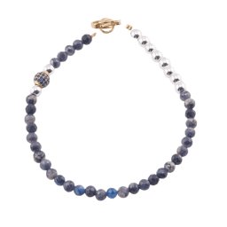 Bratara Safir sfere fatetate 4mm, Hematit sfere si element auriu cu zircon