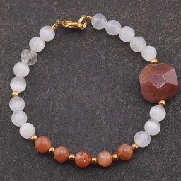 Bratara Selenit, Piatra Soarelui sfere si Cuart rosu rutilat patrat, 6-20mm