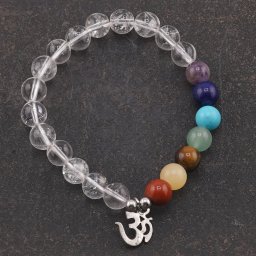 Bratara Cristal de stanca si cristalele celor 7 chakre sfere cu simbol OM pe elastic, 8mm