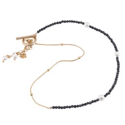 Colier asimetric Turmalina neagra sfere fatetate si Perle de cultura cu charmuri, 3-6mm