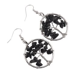 Cercei cu agatatoare Obsidian chips pomul vietii, 30mm