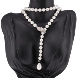 Colier reglabil cu Perle de Mallorca albe si accesoriu pana argintie, 8mm