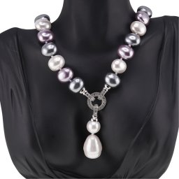 Colier Perle de Mallorca ovale gri, violet si albe cu pandantiv, 15mm