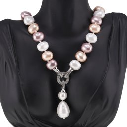 Colier Perle de Mallorca ovale crem, roz si albe cu pandantiv, 15mm