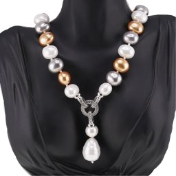 Colier Perle de Mallorca ovale gri, aurii si albe cu pandantiv, 15mm