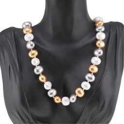 Colier Perle de Mallorca ovale gri, aurii si albe, 13mm