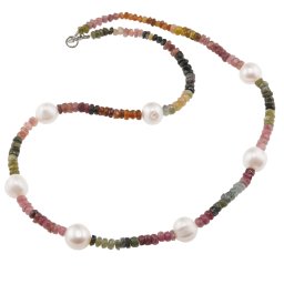 Colier Turmalina multicolora discuri fatetate 4mm si Perle de cultura 10mm