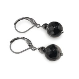 Cercei cu agatatoare Agat negru cu alb, sfere fatetate 10mm si 4mm