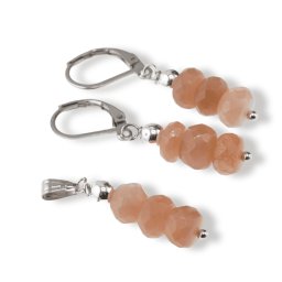 Set cercei cu agatatoare si pandantiv Piatra Lunii piersica discuri fatetate, 7mm