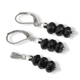 Set cercei cu agatatoare si pandantiv Turmalina neagra discuri fatetate, 6mm