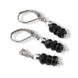 Set cercei cu agatatoare si pandantiv Turmalina neagra discuri fatetate, 5mm