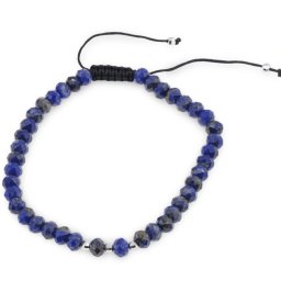 Bratara pe nod culisant Lapis Lazuli discuri fatetate cu trei bumbi de Argint 925, 5-6mm