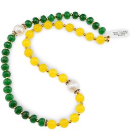 Colier Agat galben sfere si verde discuri fatetate cu Perle de cultura cu bumbi din inox, 8-10mm