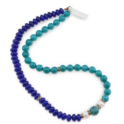Colier Turcoaz sfere cu Agat albastru discuri, Perle de Cultura si Azurit, 8-10mm
