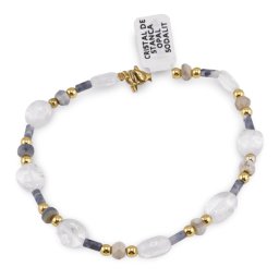 Bratara Cristal de stanca neuniform 7-9mm, Opal albastru discuri fatetate 4mm si Sodalit tuburi cu bumbi aurii