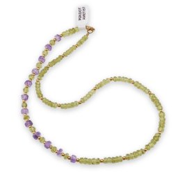 Colier Peridot discuri fatetate 4-5mm si Ametist discuri fatetate 6mm cu bumbi aurii