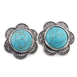 Cercei cu clipsuri Turcoaz in montura argintie - model floare, 28mm