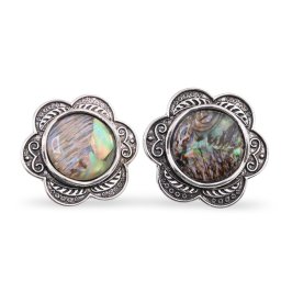 Cercei cu clipsuri Scoica abalone in montura argintie - model floare, 28mm