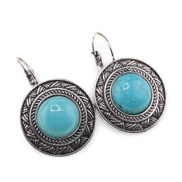 Cercei cu agatatoare Turcoaz in montura argintie - model rotund cu gravura linii, 25mm