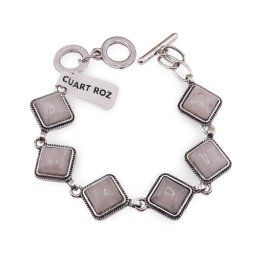 Bratara Cuart roz cu montura din metal, model funie rombic