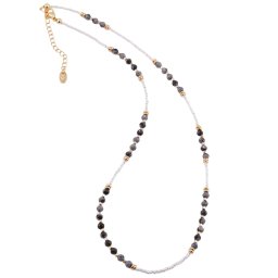Colier Obsidian fulg de nea sfere fatetate 3mm si Hematit auriu 2mm