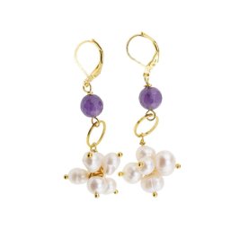 Cercei cu agatatoare Perle cultura si Ametist cu inox auriu