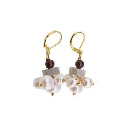 Cercei cu agatatoare Perle cultura, Piatra lunii si Granat cu inox auriu