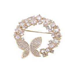Brosa aurie rotunda cu fluture si zirconii, 40mm