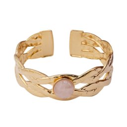 Bratara lata din metal auriu impletit cu cristal natural Cuart roz