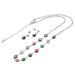 Set colier si cercei din metal argintiu cu Ochi protectori colorati