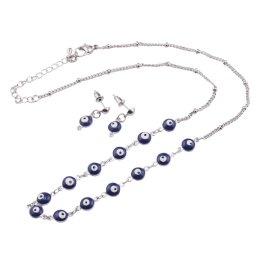 Set colier si cercei din metal argintiu cu Ochi protectori albastri
