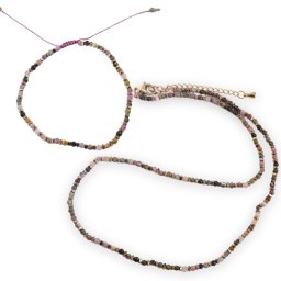 Set colier si bratara Turmalina multcolora sfere fatetate 3mm si elemente aurii