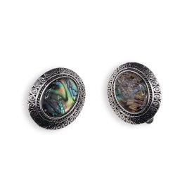 Cercei cu clipsuri Scoica Abalone in montura argintie - model oval, 27mm