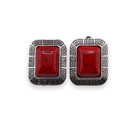Cercei cu clipsuri Coral rosu in montura argintie - model dreptunghiular, 28mm