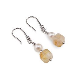 Cercei cu agatatoare din Argint 925 si zirconiu cu Citrin cub 6-7mm si Perle de cultura 5mm