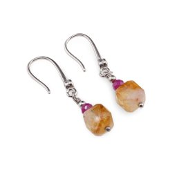 Cercei cu agatatoare din Argint 925 si zirconiu cu Citrin cub 6-7mm si Rubin 3mm
